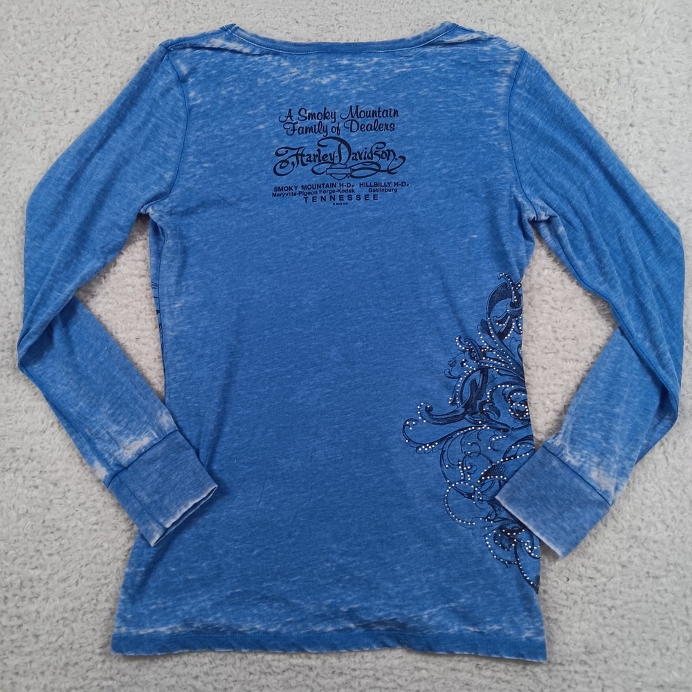 Harley-Davidson Shirt Women L Blue Rhinestone Smoky Mountain Tennessee Burnout - Picture 2 of 9